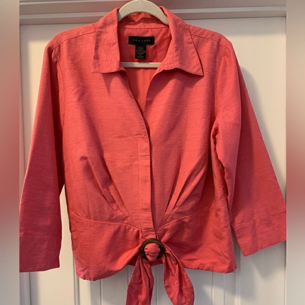 SilkLand  100% Silk 3/4 Sleeve Spring Top Size 12 Wooden Style Buttons